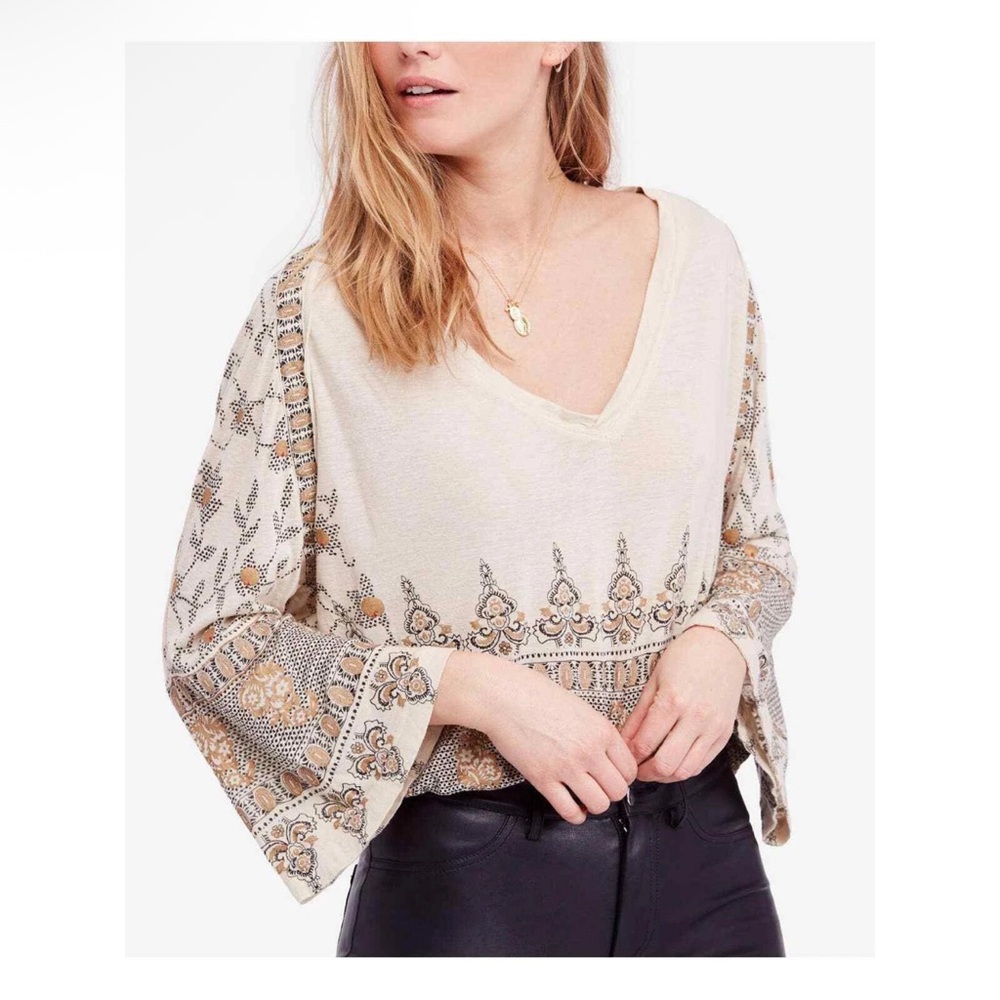 Free People Cream colored Metallic gold Medallion Printed Dolman Long Sleeve - S